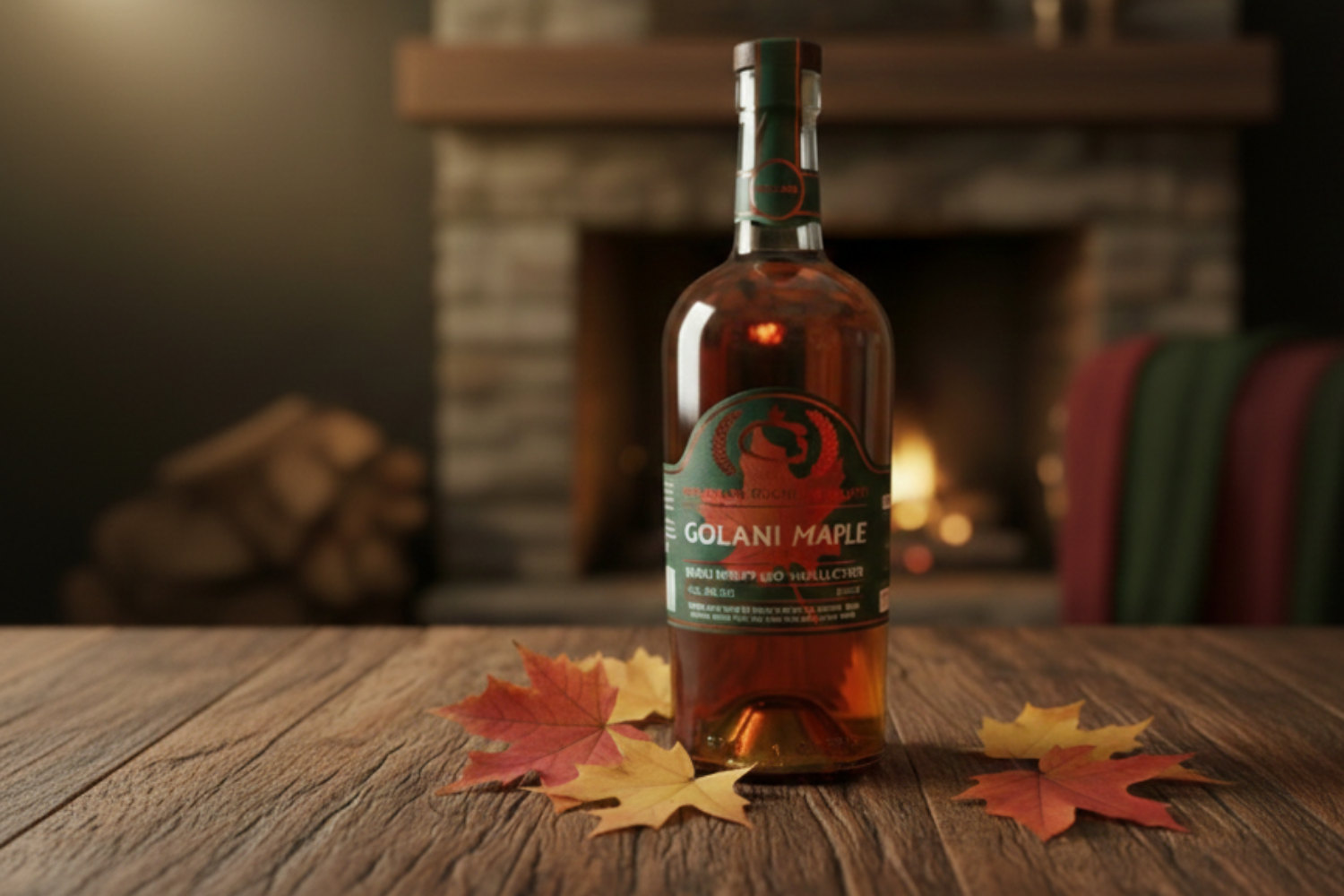 Bottle of Golani Maple syrup on a wooden table with autumn leaves, fireplace in the background